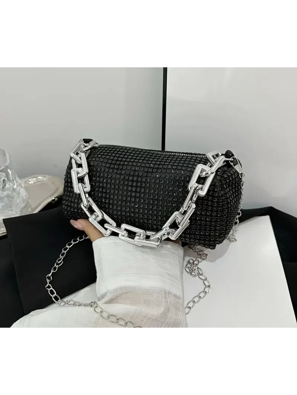 New - Unique - Glamified Evening Bag w/Chain Straps - Black